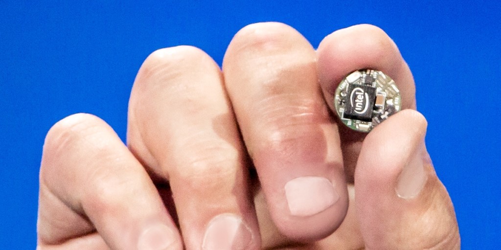 The Intel Curie module is a tiny hardware product based on the company's first purpose-built system-on-chip (SoC) for wearable devices. The module is scheduled to ship in the second half of this year and includes the Intel Quark SE SoC, Bluetooth low-energy radio, sensors and battery charging. IMAGE CREDIT: INTEL  