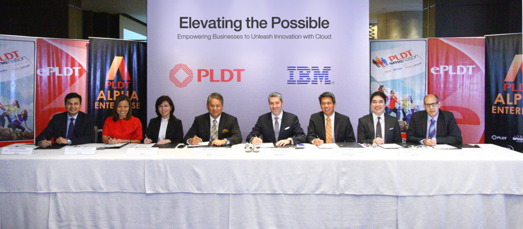 Sealing the partnership are (from left): Kat Luna-Abelarde, First Vice President and Head of PLDT SME Nation; Nerisse Ramos, COO, ePLDT; Eric Alberto, PLDT EVP and ePLDT President and CEO; Kellar Nevill, General Manager, IBM ASEAN; Luis Pineda, President and Country General Manager, IBM Philippines; Victor Silvino, Cloud  Strategy and Integration Executive, IBM Asia Pacific; and Steven Deskovic, Director of Sales & Distribution for Telecom and Media Industry, IBM Asia Pacific.