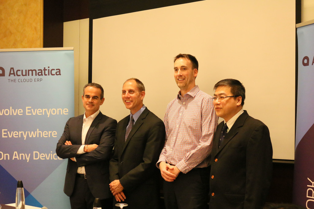 From Left, Laurent Dedenis, President for International Operations, Acumatica; Jon Roskill, CEO, Acumatica; Paul Ellis, Director for Business Development, RIC Group; and Benedict Teo, CEO, Acceltech. 